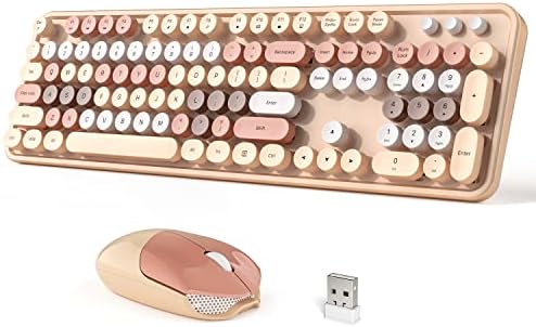 Dilter Wireless Keyboard and Mouse Combo, 104 Keys Full-Sized 2.4 GHz Round Keycap Colorful Keyboards, USB Receiver Plug and Play, for Windows, PC, Laptop, Desktop (Milk Tea)
