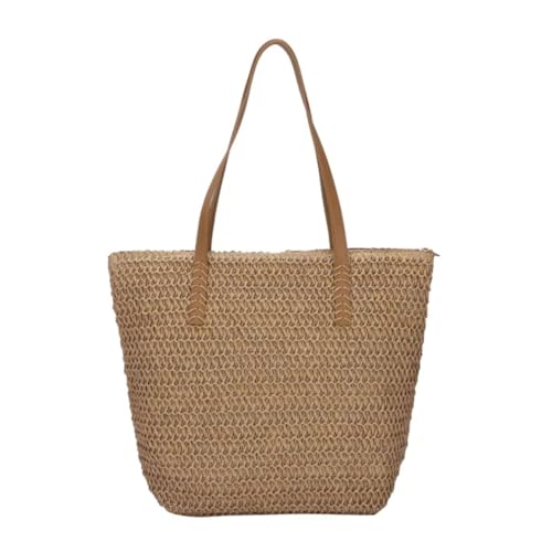 Bolsa Grande de Verão Feminina de Palha Sintética, para Praia, Passeio e Viagem, Moderna, Presente (Cáqui)