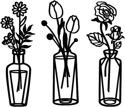 Image of Aiyraa 3 PCS Black Metal Flower Wall Art, Abstract Self-Adhesive Vase Wall Decor, Black Acrylic Tulip Rose Daisy Design - Wall Artworks for Living Room, Kitchen, Bedroom, Balcony