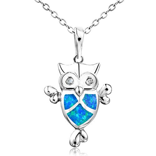 Collier en argent sterling 925 et pendentifs hibou en opale bleue