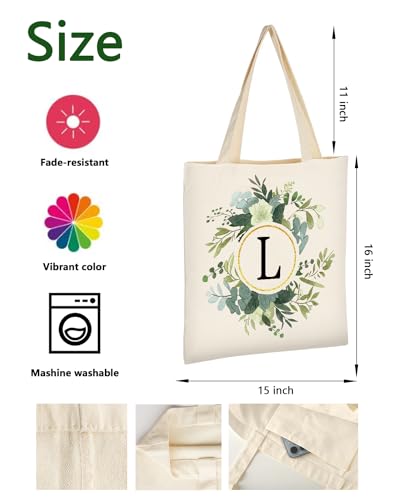 Image of AUSVKAI Canvas Tote Bag for Women, Cute Aesthetic Leaf Initial Trendy Cotton Reusable Personalized Birthday Bags