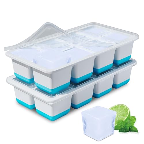Eiswürfelform Groß 2 Pack Große Eiswürfelbehälter mit Deckel Leichtes Lösen BPA-Freie Silikon Eiswürfelformen 4 5cm Eiswürfel xxl für Whiskey Cocktails und Getränke (Blau Silicone Ice Cube Tray)