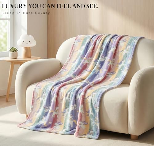 Image of BSB HOME Glow in The Dark Kids Blanket Single Bed Size, Soft Fleece Luminous Bed Throw, Cozy Lightweight Blanket for Boys & Girls (60 x 90 in / 152 x 229 cm) (Unicorn Print - Red Blue & Lavander)