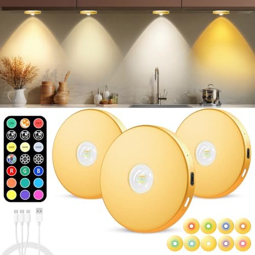 LED Puck Lights with Remote, 2000mAH Battery Operated, Rechargeable Shelf Light, Wireless,Color Changing Magnetic Light, Display Curio Cabinet,Bookcase,Under Cabinet Lighting (Gold, 3PACK)