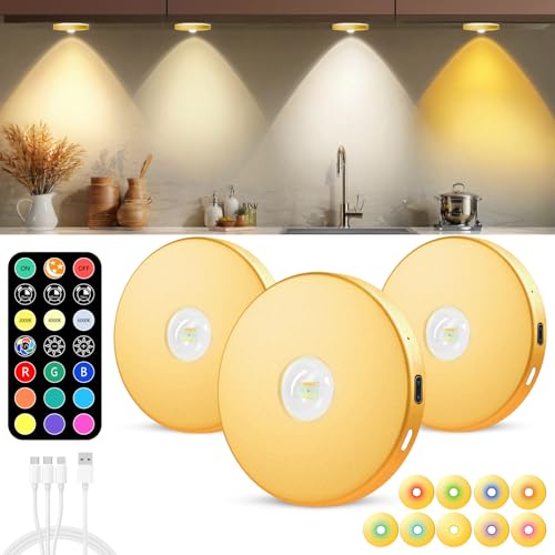 WTXPZM LED Puck Lights with Remote, 2000mAH Battery Operated, Rechargeable Shelf Light, Wireless,Color Changing Magnetic Light, Display Curio Cabinet,Bookcase,Under Cabinet Lighting (Gold, 3PACK) by WTXPZM - Used condition - US$19.21