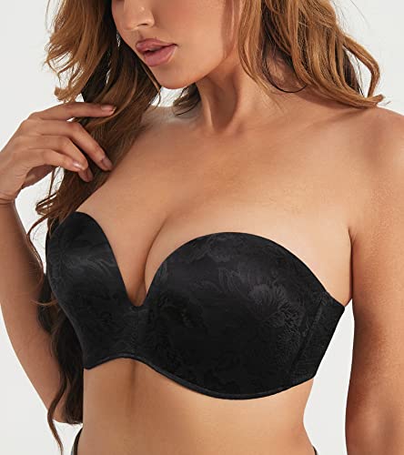 Haci Women's Jacquard Wirefree Push Up Bra Strapless Anti-Slip Support Custom Lift(Black,32D) #TOP2