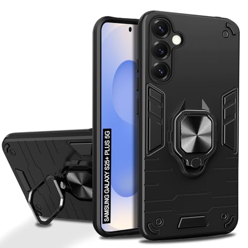 Image of AESTMO Samsung Galaxy S25 Plus 5G Back Case Cover | Tough Armor Bumper | Ring Holder & Kickstand in-Built | 360 Degree Protection Cover for Samsung Galaxy S25 Plus 5G (Black)