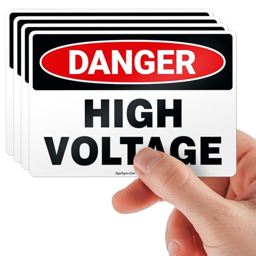 High Voltage Sign, Danger High Voltage Sign, (4 Pack) 5x7 Inches, 4 Mil Vinyl Decal Stickers Weather Resistant UV Protected, Made in USA by Sigo Signs