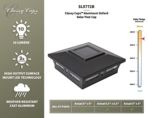 Classy Caps SLX772B 6x6 Black Aluminum Oxford Solar Post Cap – High-Performance Solar Lighting, 2 LEDs, Durable Cast Aluminum, Decorative Glass Lens, Easy DIY, Fits 6"x6", 5.5"x5.5", 5"x5" by Classy Caps - Image 7