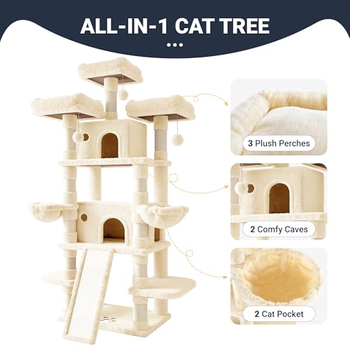 Image of Allewie 82 Inches Large Cat Tree /House /XXL Tall Cat Towers for Big Feline /Scratching Post /Multi-Level Large Kitty Climbing Tree with Condo /Beige