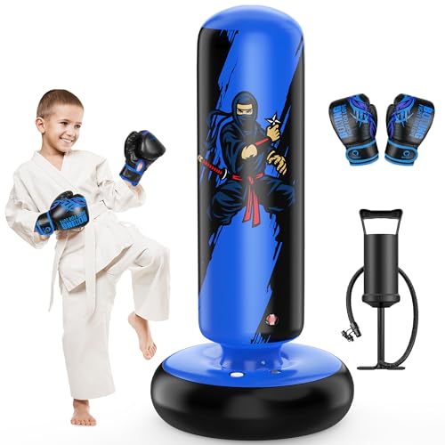 Image of QPAU Punching Bag for Kids, 66 Inch Stable Inflatable Boxing Bag with Boxing Gloves, Stand Kids Punching Bag Toy for Boys & Girls Age 6-12, Boxing Set for Practicing Karate, Taekwondo, MMA