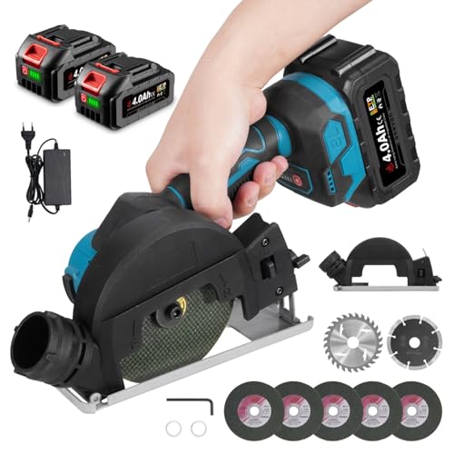 ONEVAN Amoladora angular eléctrica de 4 pulgadas con motor sin escobillas y dos baterías de 4 mAh, potencia 900 W, velocidad 12.000 rpm, viene con 7 hojas de sierra