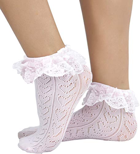 Image of ToBeInStyle Women's Indie Girl Ruffle Trim Heart Net Design Ankle High Fashion Socks