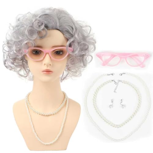 Image of Women Roper Curly Old Lady Grey Cosplay Wig with Necklace Earrings and Sunglasses for Women Hallween Costume Wig