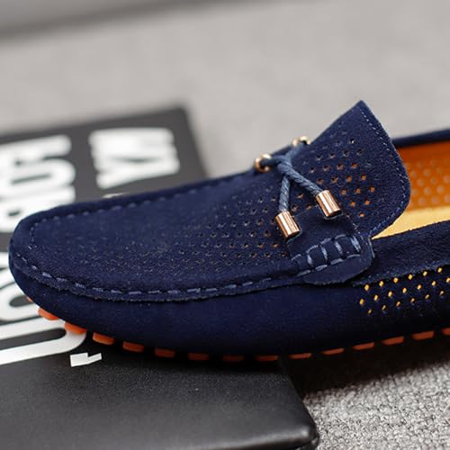Men's Penny Loafers Suede Driving Moccasins Perforated Slip-On Loafers with Orange Sole Flats Boat Shoes4