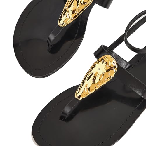 Women's Leather Metal Decor Thong Flat Sandals with Adjustable Ankle Buckle Comfortable Round Open Toe Slingback Flip-Flops Sandals Summer Casual Fashion Rome Sandals3
