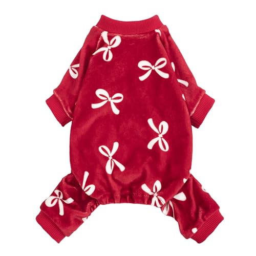 Image of Fitwarm Bowknot Dog Pajamas, Warm Clothes for Small Dogs Girl, Fleece Pet Onesie with Feet, Burgundy Red, White, Small