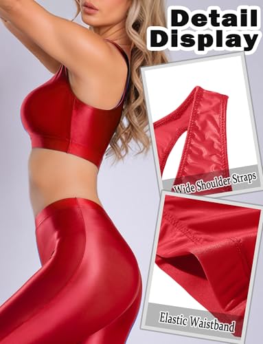 FEOYA Women's Oil Shiny Racerback Crop Tank Top and Knee Length Biker Shorts Set for Disco Party Club4