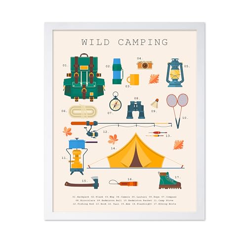 Monem Art Sports Poster - Wild Camping Print - Camping Essentials Art - Fitness Artwork - Nursery Illustration - Camping Supplies Illustration - Kid's Room or Bedroom Decor - 16x20 White Framed