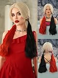 PARK YUN Long Half Red Half Black Double Ponytails Cosplay Wigs 26 Inch Blonde Ombre Wig with Middle Part Hair Tail Dye Wig Synthetic Heat Resistant Wigs for Women Halloween Used.