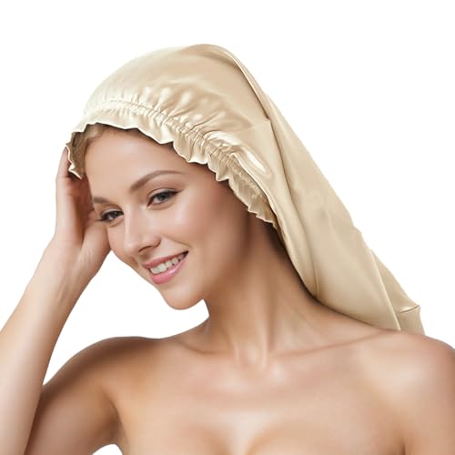 ナイトキャップ シルク ロング ヘア用 天然シルク シルクキャップ ゴム 筒型 サイズ調節可能 美髪 枝毛防止 ベージュ
