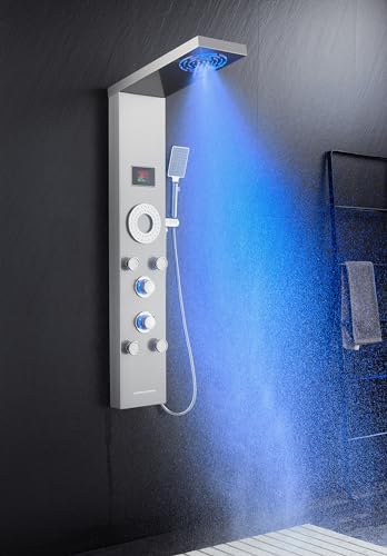 TSIBOMU LED Shower Panel Tower System, Stainless Steel Rainfall & Mist Shower Tower, 5 Body Jets, Handheld Shower, Tub Spout and Hydroelectricity Temperature Display, Brushed Nickel