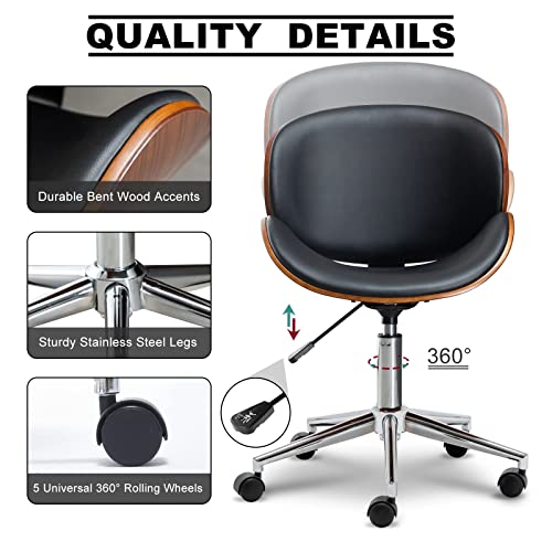 Okakopa Office Chair Wood Faux Leather Desk Chair 360°Swivel Height Adjustable Ergonomic Chair Armless Chairs Curved Wood Black Leather Office Chair Home Computer Chairs With Wheels (New Black) #TOP3