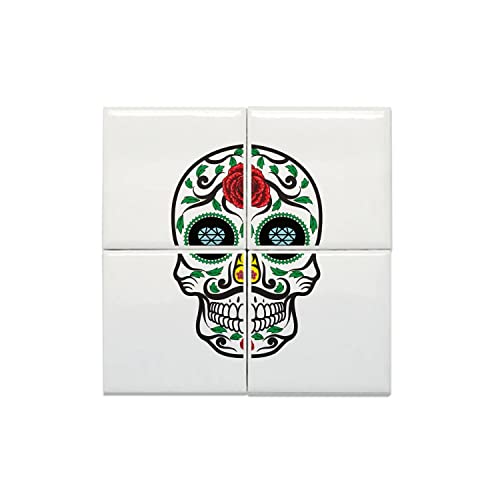 Carreaux Céramique Crane Muerte Mexique Halloween (Lot de 4, Taille Totale 30,4 x 30,4 cm)