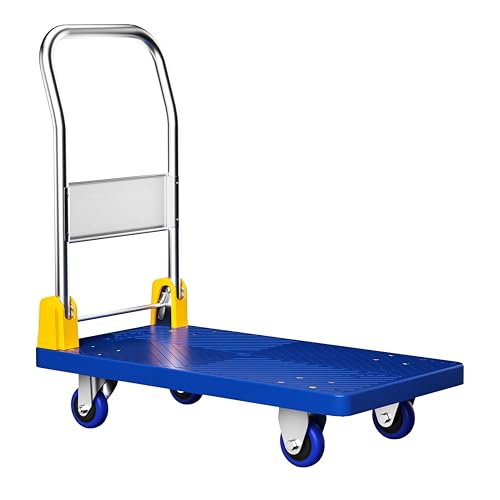 SunHalo Gear Flat Push Cart Dolly, Foldable Flat Bed Cart,Platform Cart Truck with 4 Wheels,440lb Weight Capacity Folding Platform Truck with Handle for Moving and Loading,360 Degree Swivel,(Blue)