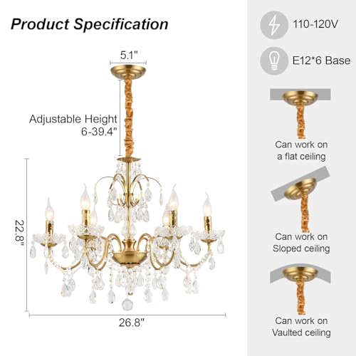 Image of Vintage Chandelier, Crystal Chandeliers for Dining Room, Antique Chandelier, Crystal Candle Chandelier Lighting, Vintage 6 Lights Pendant Ceiling Fixture Lamp Perfect for Hallway D68 x H55