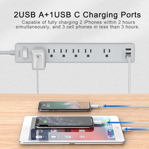 Image of 6Ft Power Strip Surge Protector - Yintar Extension Cord with 6 AC Outlets and 3 USB Ports for Home, Office, Dorm Essentials, 1680 Joules, ETL Listed, Grey