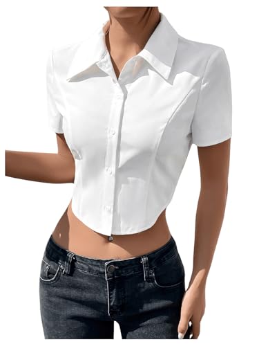 SHENHE Women's Button Up Short Sleeve Collared Asymmetrical Cropped Shirt Top Blouse4