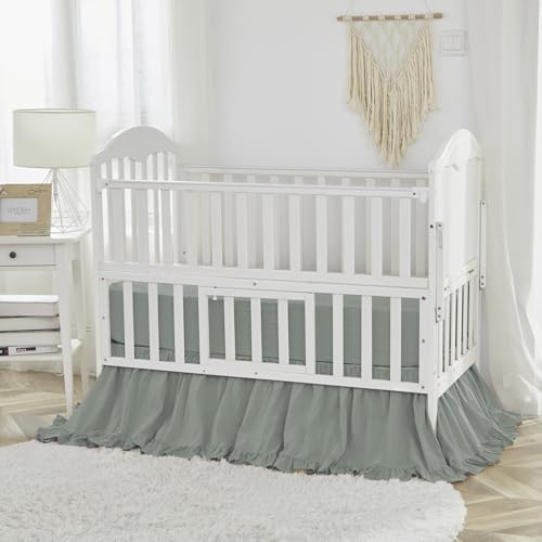 Image of Brandream Boho Bohemian Girl Baby Nursery Crib Bed Skirt Dust Ruffle - Neutral Solid Color Sage Green Farmhouse Chic 100% Washed Cotton Ruffle