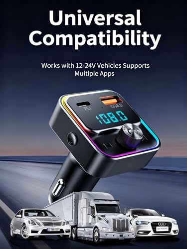 Image of TISONNY Car Bluetooth 5.3 FM Transmitter for Old Cars, 30W PD & 18W QC3.0 Fast Charger, Hands-Free Calling, Voice Assistant, LED Light