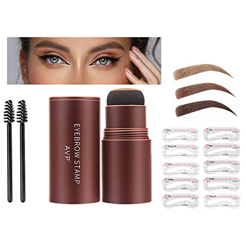 Kit De Sello De Cejas, Sello De Cejas, EyeBrow Stamp Kit Waterproof, Eyebrow Powder, Eyebrow Stamp Stencil Kit with 10 Reusable Eyebrow Stencils, 2 Eyebrow Pen Brushes (01) Cover