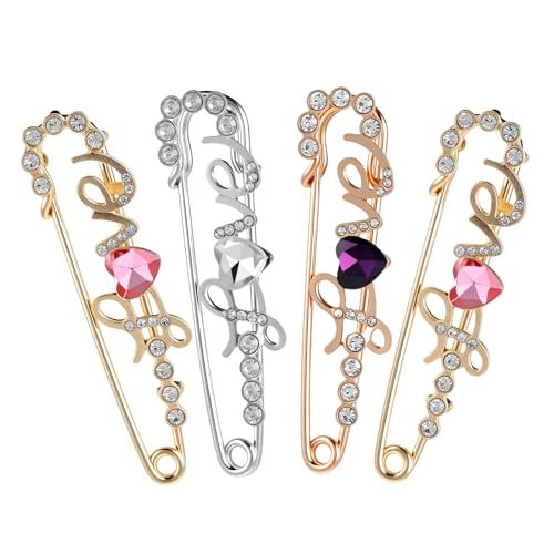 Ymapinc Lot de 4 broches Love avec perles pour femme, strass brillants, épingles à nourrice décoratives pour colliers de mariage, pulls, chapeaux, robes