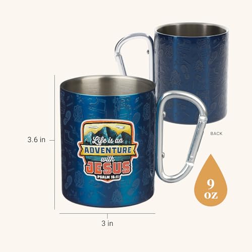 Image of Christian Art Gifts Stainless Steel Double-Wall Insulated Glow in the Dark Camp Style Mug with Carabiner Style Handle for Kids: Adventure with Jesus Inspirational Bible Verse, Blue Multicolor, 9 oz.