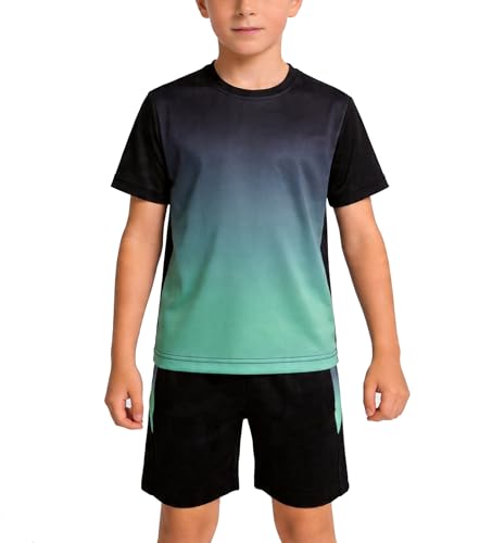 IRELIA Kids Short Sleeve T-Shirt and Boys Mesh Shorts Outfit Set Black Green 5-6 - image 1