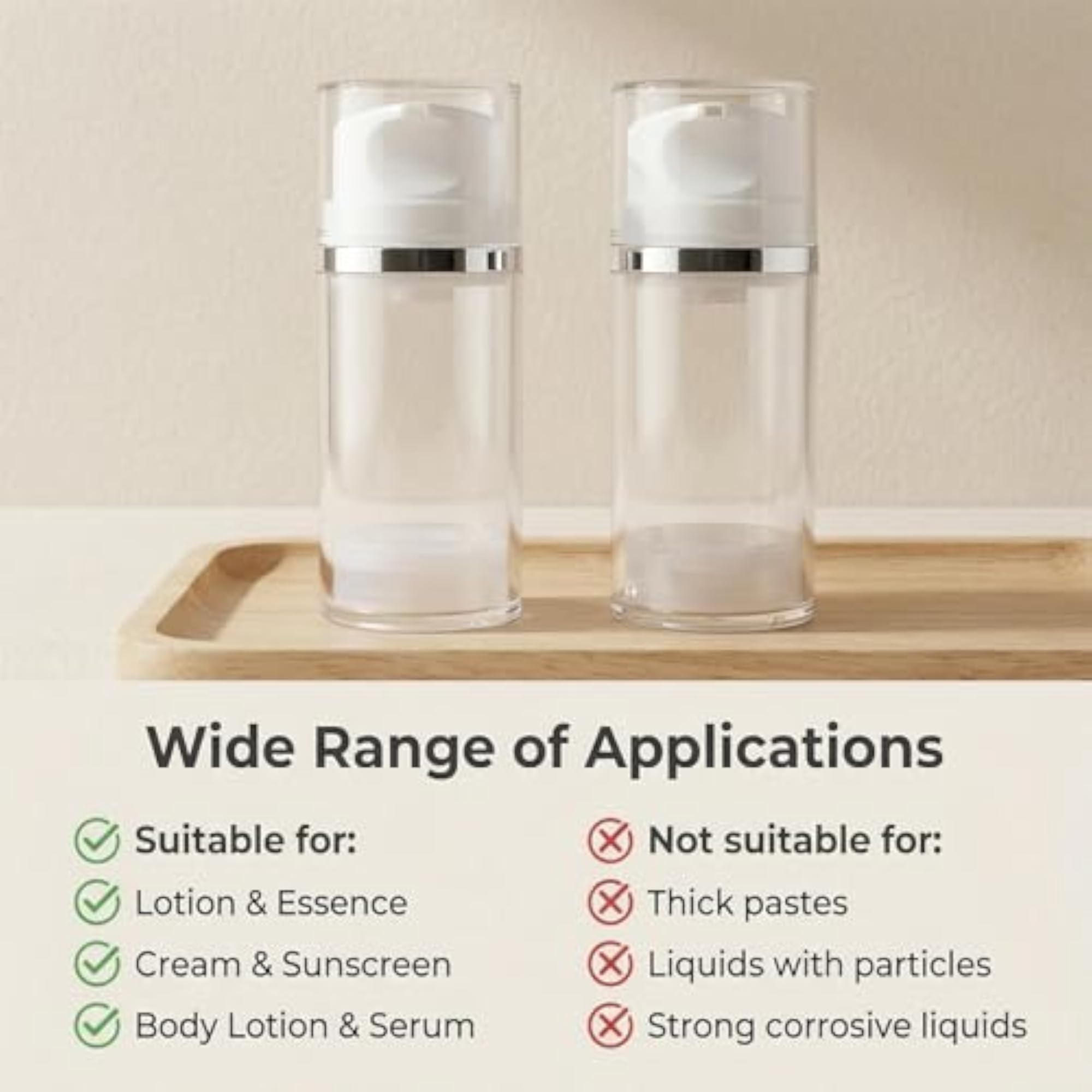2Pcs Clear Plastic Airless Lotion Pump Bottles
