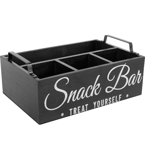 ATopoler Snack Organizer for Countertop,Wooden Candy Storage Box,4 Compartment Snack Tray with Metal Handles for Living Room,Bedroom,Cabinet Organization(Black)