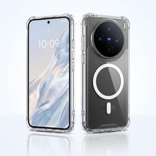 Image of amazon basics Crystal Clear Magnetic Case for Vivo X200T 5G | Compatible with MagSafe Accessories | Air-Guard Corners | Shockproof TPU + Hard PC Back | Slim Transparent Protective Cover (Clear)