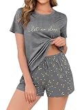 Crewhpo Pyjama Femme Été Ensembles de Pyjama Col Rond Vêtement de Nuit à Manches Courte 2 Pièces Pyjashort Imprimé Vêtements de Détente Léger Tenue de Nuit Doux Gris foncé M