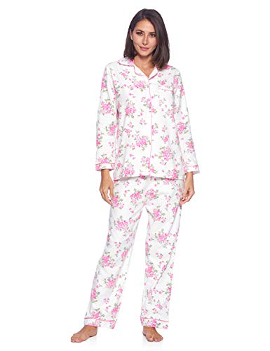 Casual Nights Women's Flannel Long Sleeve Button Down Pajama Set, White Pink Flower, L