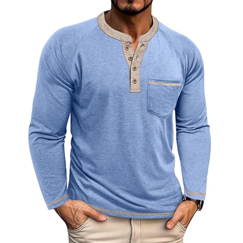 Mens Henley Shirts Long Sleeve Casual T-Shirts Basic Classic Vintage Cotton Tee Shirts Pocket Button Shirt