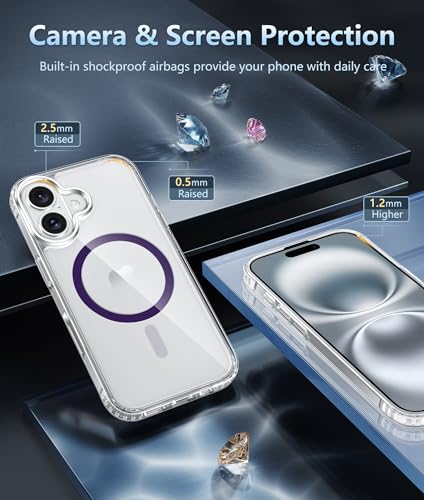 Image of FNTCASE for iPhone 16 Case Clear: Magnetic Phone Cases Compatible with Magsafe Slim Anti Yellowing Military Grade Drop Protection Rugged Shockproof Protective Transparent Cell Cover (D-Purple)