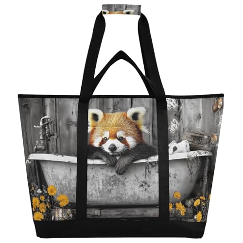 Red Panda Bathtub Large Insulated Tote Bag for Grocery Shopping Reusable Tote Bags for Women Men, Cooler Bag with Zippered Top & Handles for Beach Picnic Travel