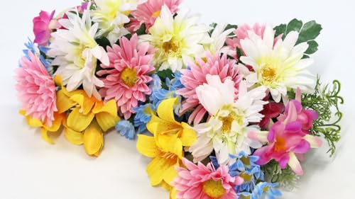 山久 造花 仏花 白いガーベラとパステルカラーの小花束 一対 仏壇用 小さめ 約24cm CT触媒(消臭分解・防汚)加工 シルクフラワー お彼岸 お盆 お仏壇 お墓 花 お供え btb [5]