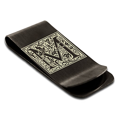 Stainless Steel Money Clip Credit Card Holder | Initial Floral Box Monogram | Personalize with Free Engraving (Black, M)