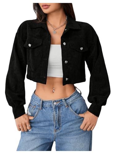 WDIRARA Women's Button Down Crop Jacket Corduroy Shacket Jackets Outerwear