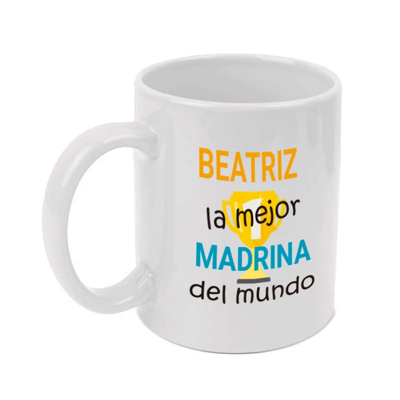 Deliex delicias de Extremadura. Taza personalizable con nombre. La mejor madrina del mundo. Capacidad de 350 ml. Madrina de bautizos, comuniones, bodas etc. (madrina trofeo)
